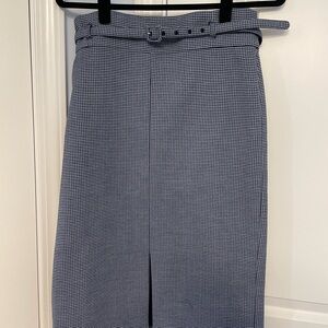 Ann Taylor Blue Check Midi Pencil Skirt with Slit and belt